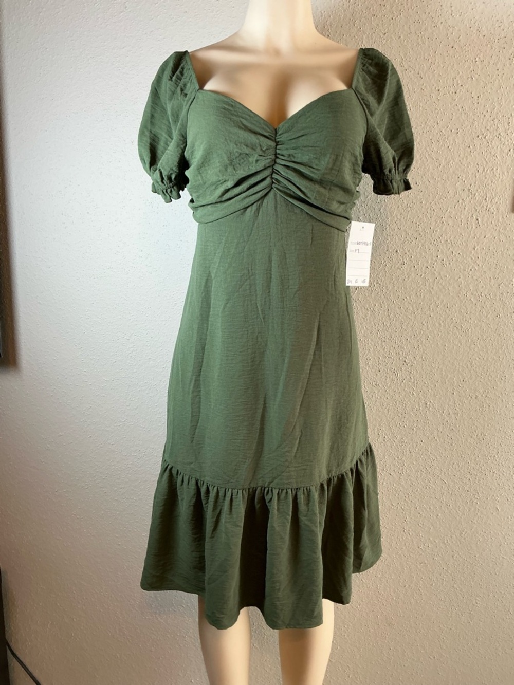 Ruched Front Puff Sleeve Mini Dress in Olive Green